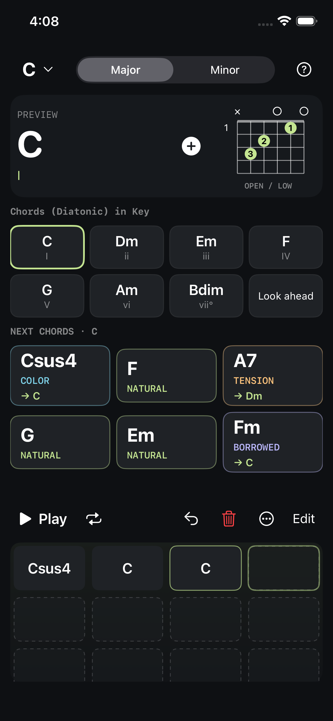 MyChordBFF showing guitar fingerings, chords in C major, next-chord suggestions, and a progression grid.