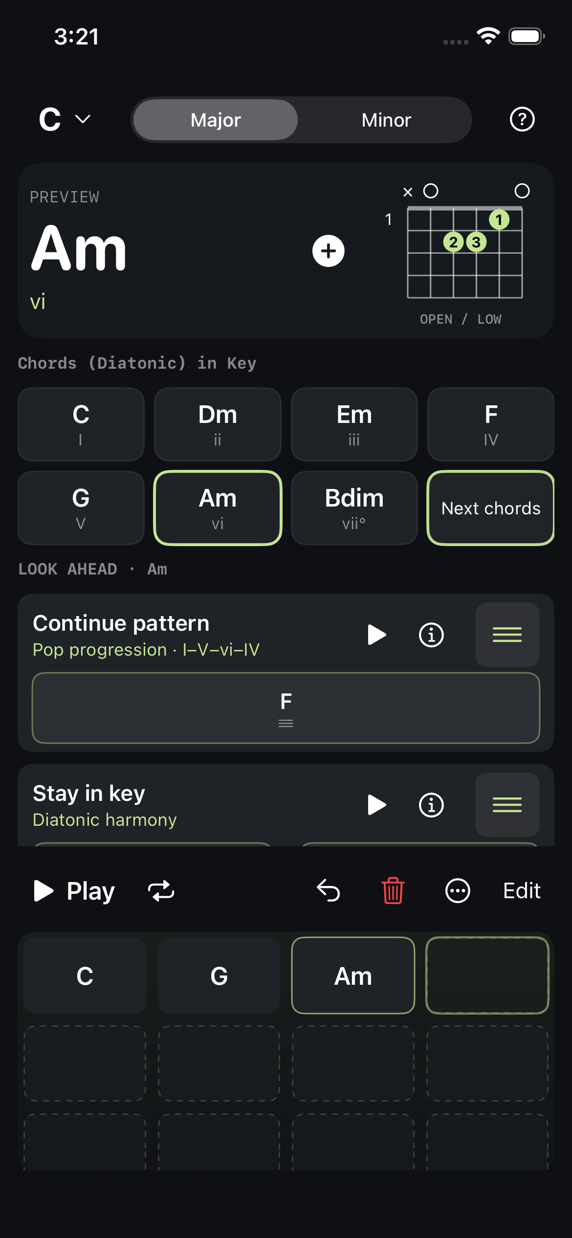 Look ahead offers a pattern continuation and short harmonic routes with chords you can drag into your progression.